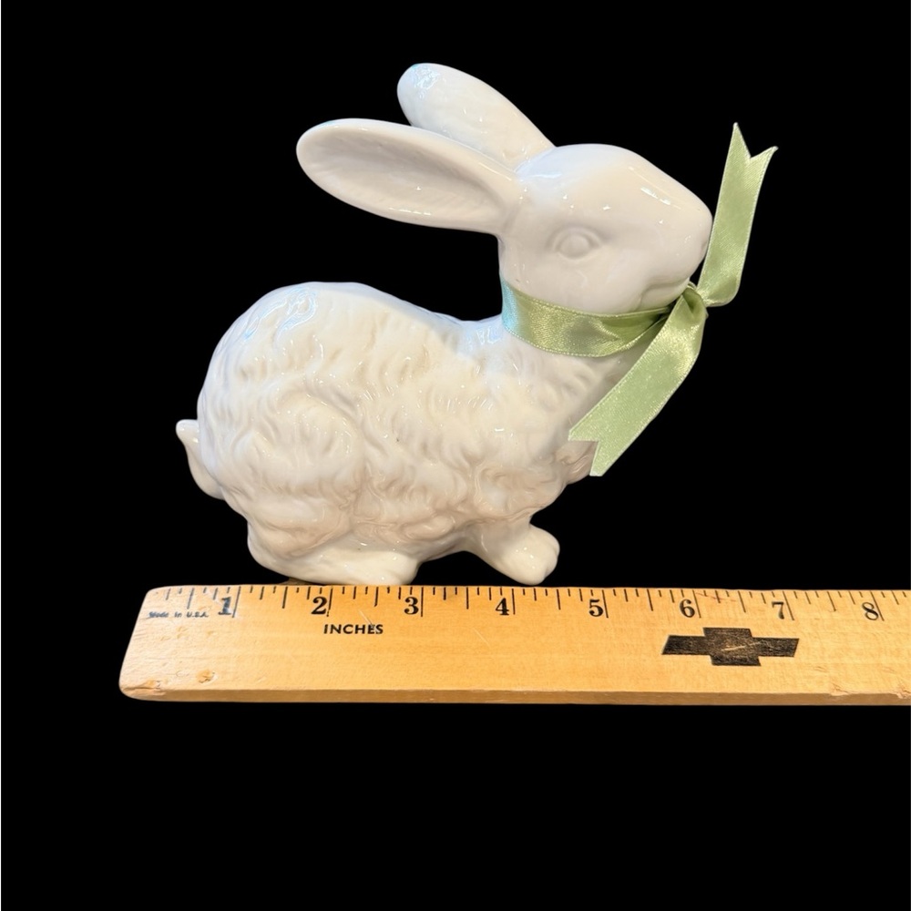 Vtg Pair of White Ceramic Bunny Figurines w/Green Bows-Spring - Picture 5 of 8